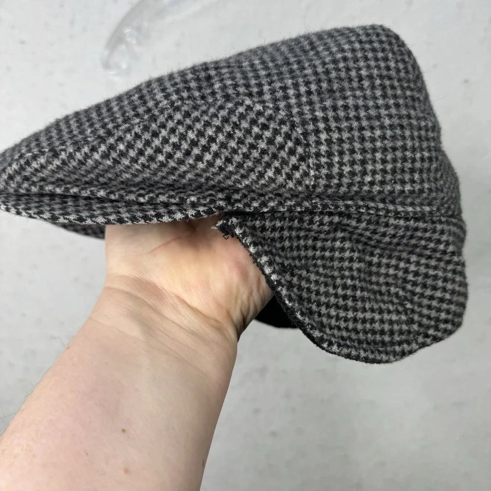 Joseph & Lyman 100% Camel Hair Newsboy Cap Hat Ear Flaps‎ Lined Houndstooth Grey